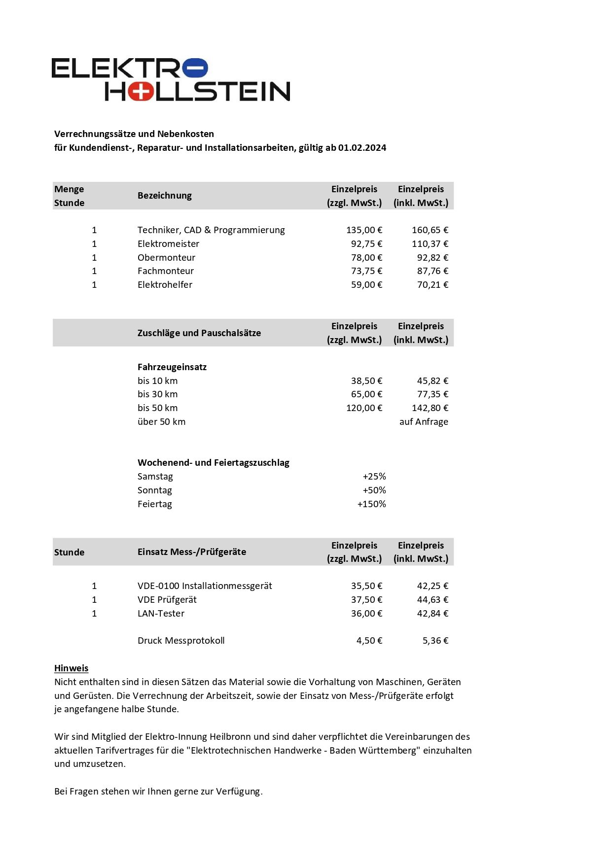 Verrechnungssätze und Nebenkosten